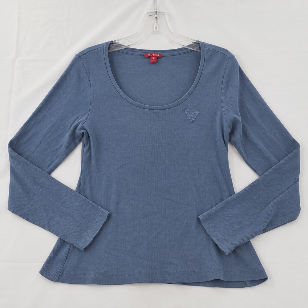 Vintage Guess Shirt Womens XL Blue Ribbed Long Sleeve Y2K 90s Logo Fitted Basics